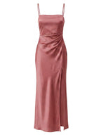Women’s Dress – Satin Spaghetti-Strap Maxi Dress with Side Slit