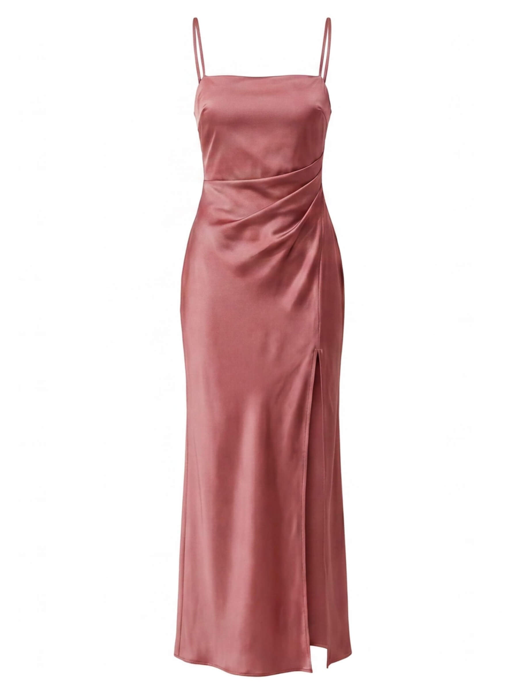 Women’s Dress – Satin Spaghetti-Strap Maxi Dress with Side Slit