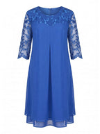Plus Size Women’s Elegant Chiffon Dress – Embroidered Lace Yoke & Flowing Layered Hem