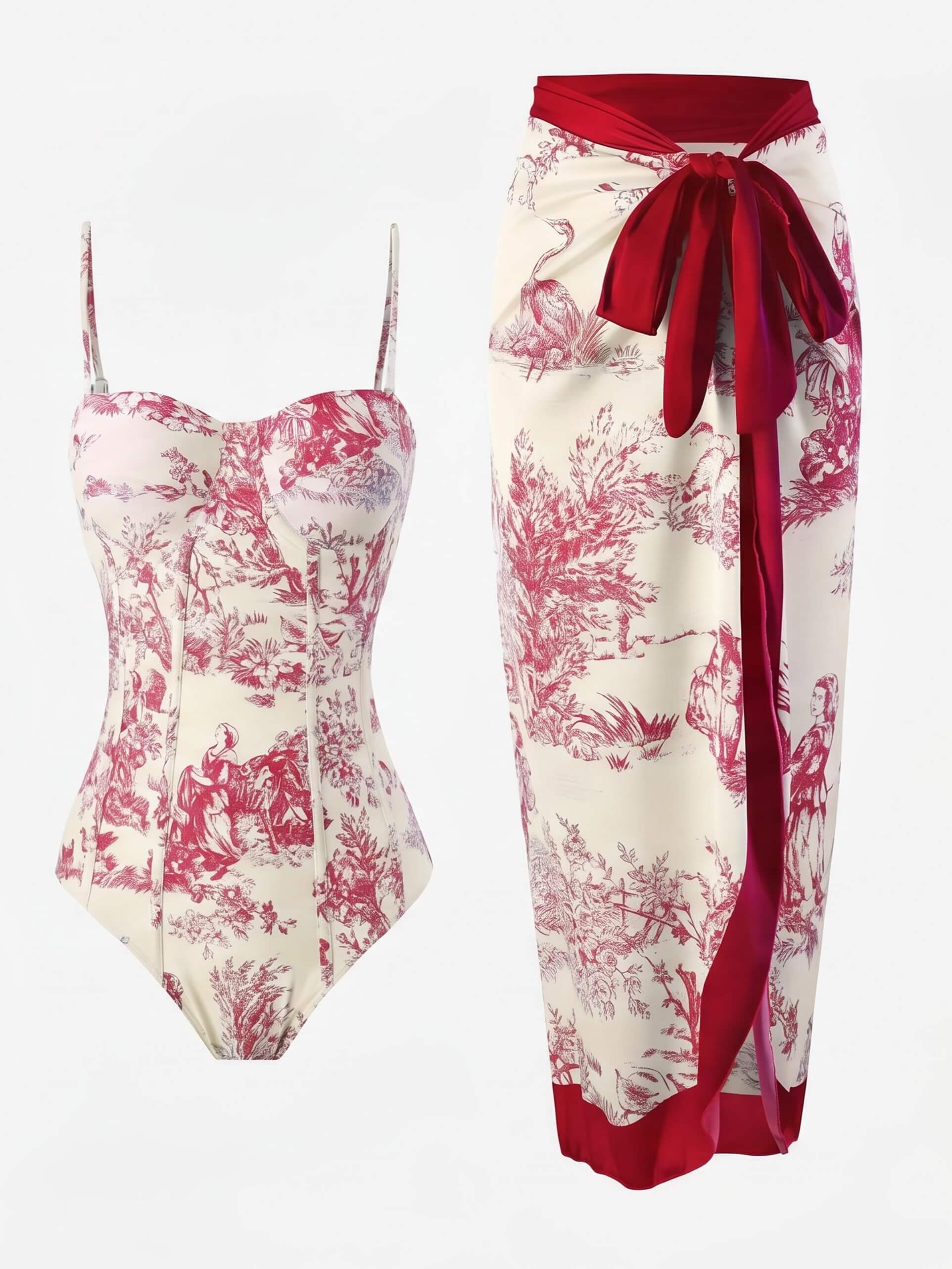 Women’s Toile Print Swimsuit and Sarong Set