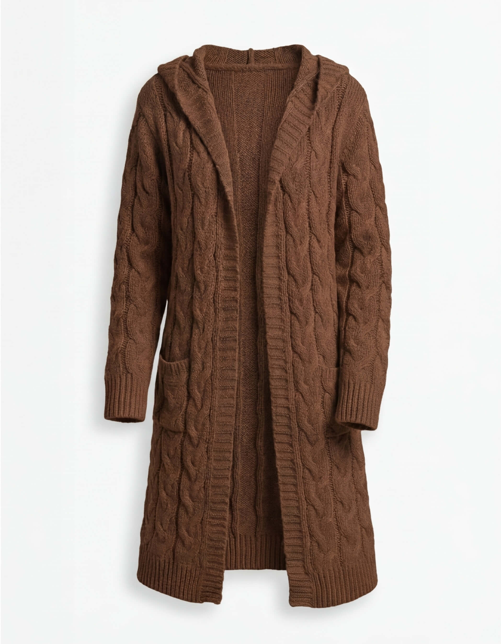 Women’s Hooded Cable Knit Cardigan – Longline Warmth & Pocket Comfort