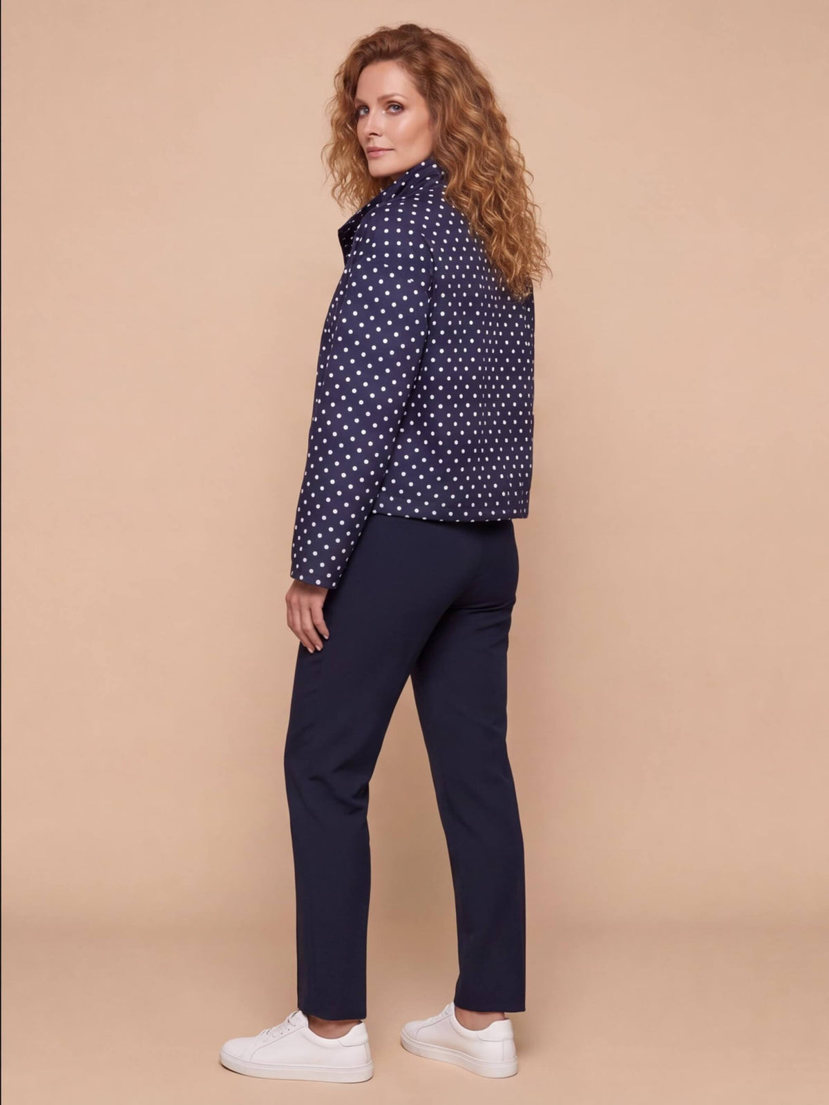 Women’s Polka Dot Drawstring Jacket with High Collar