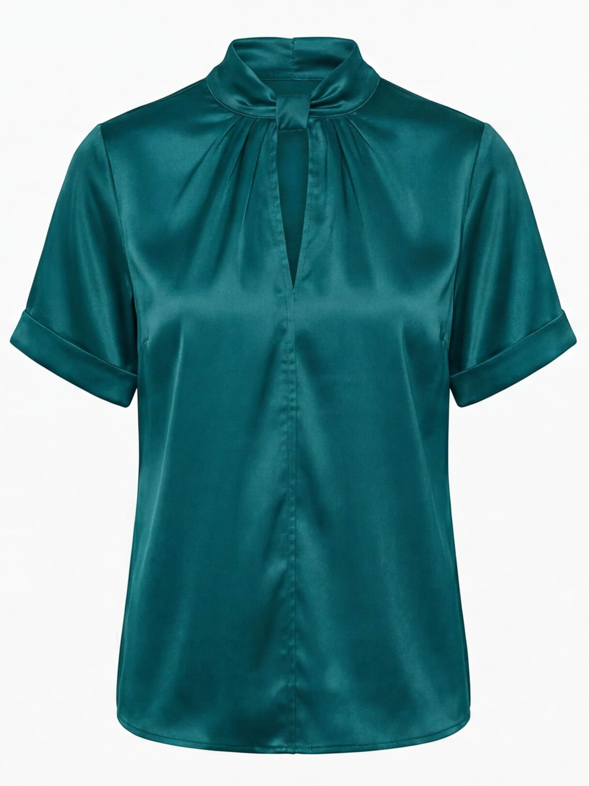 Satin Blouse with Keyhole Neckline and Short Sleeves