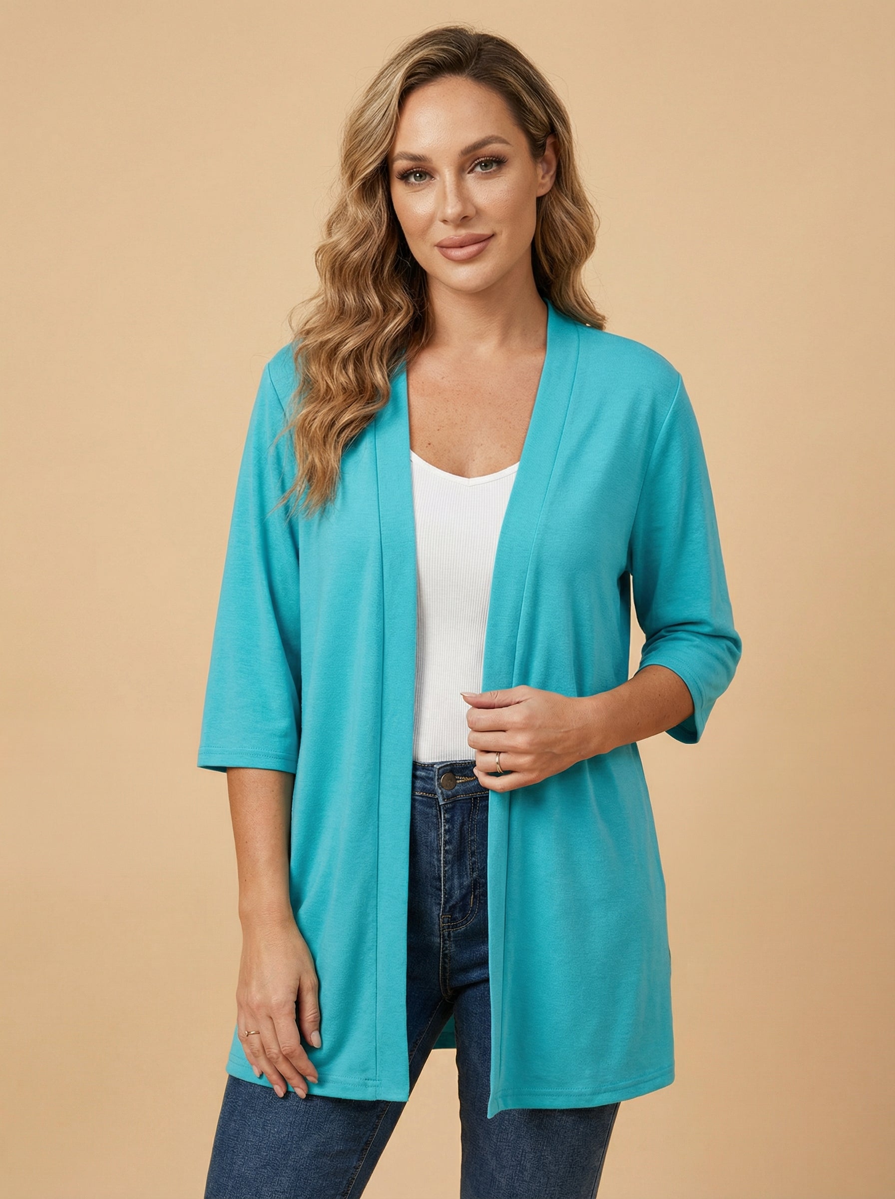 Women’s Stretch Knit Cardigan – Three-Quarter Sleeves & Elegant Everyday Comfort