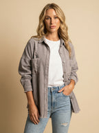 Women’s Washed Denim Overshirt Jacket – Frayed Hem, Chest Pockets &Relaxed Retro Fit