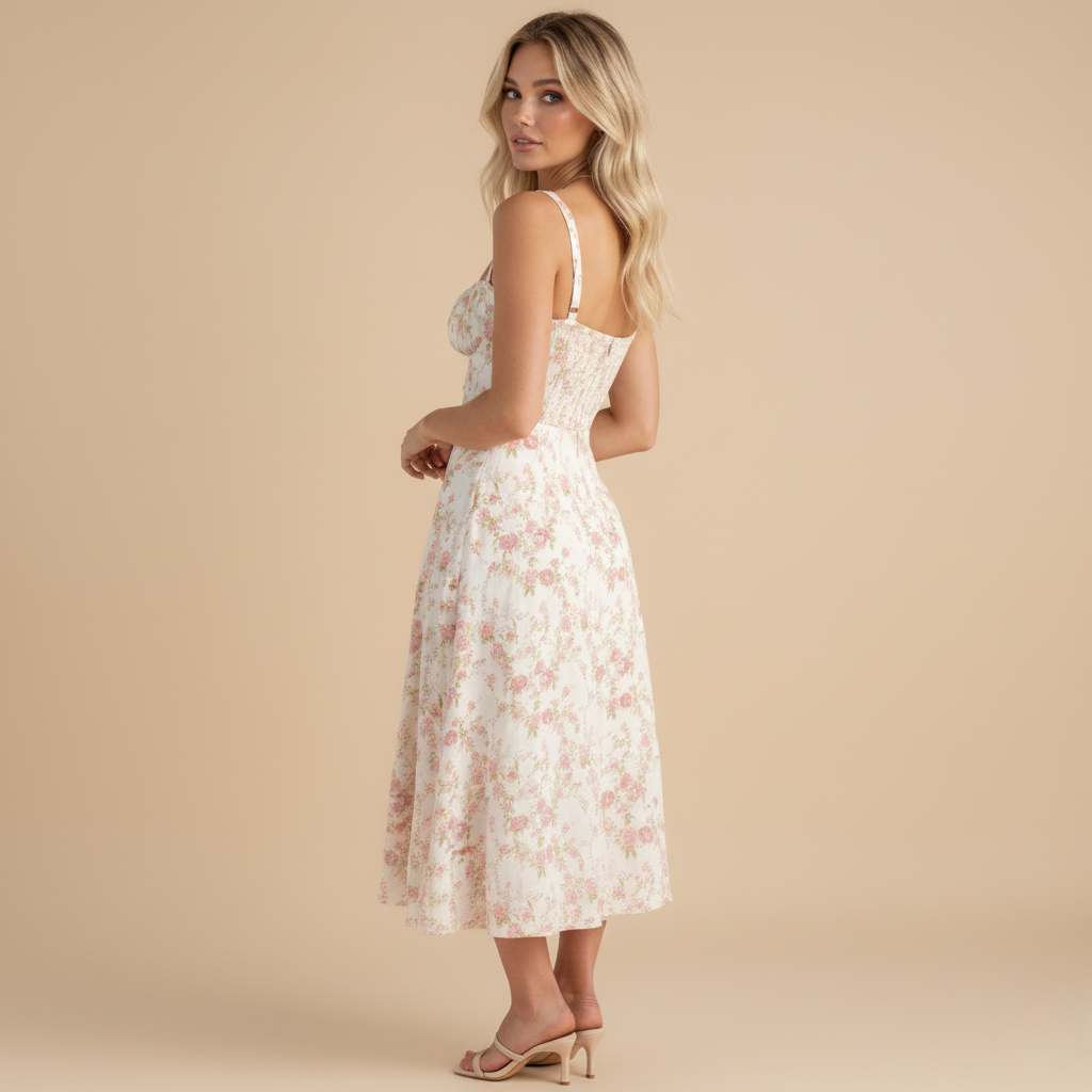 Elegant Floral Corset Midi Dress – Feminine & Flattering