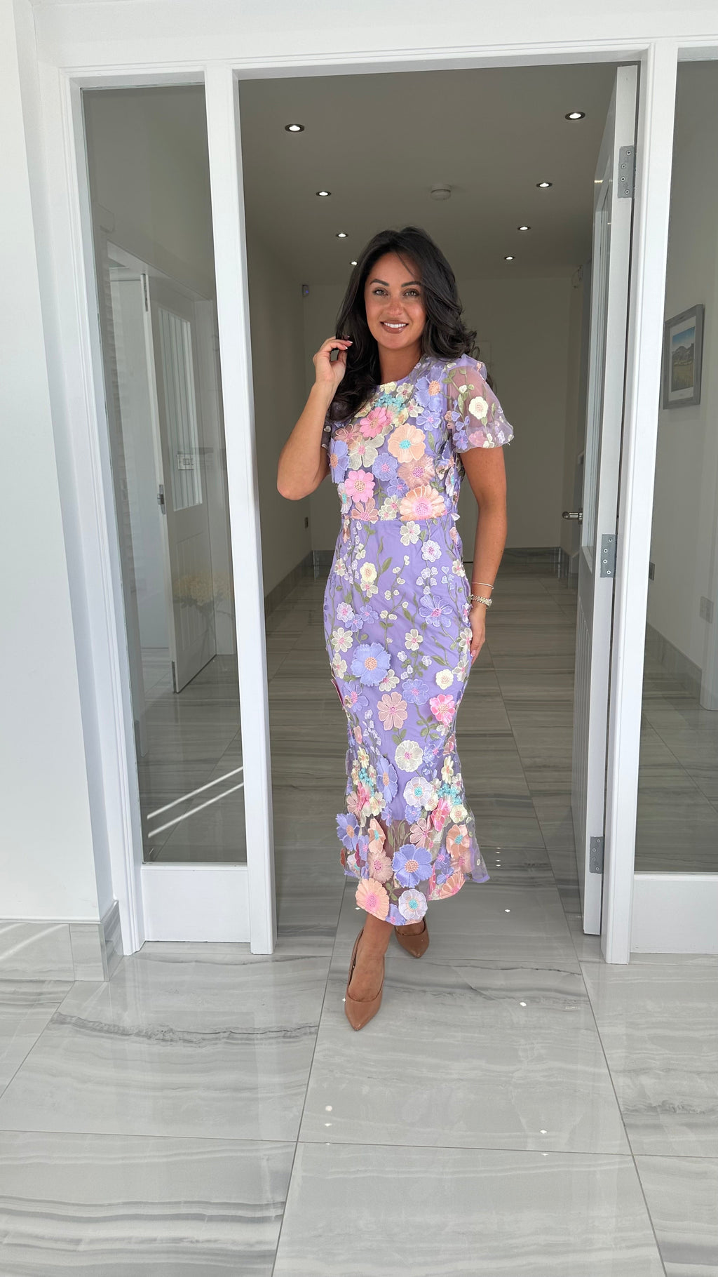 Maribel 3D Floral Midi Dress – Lilac