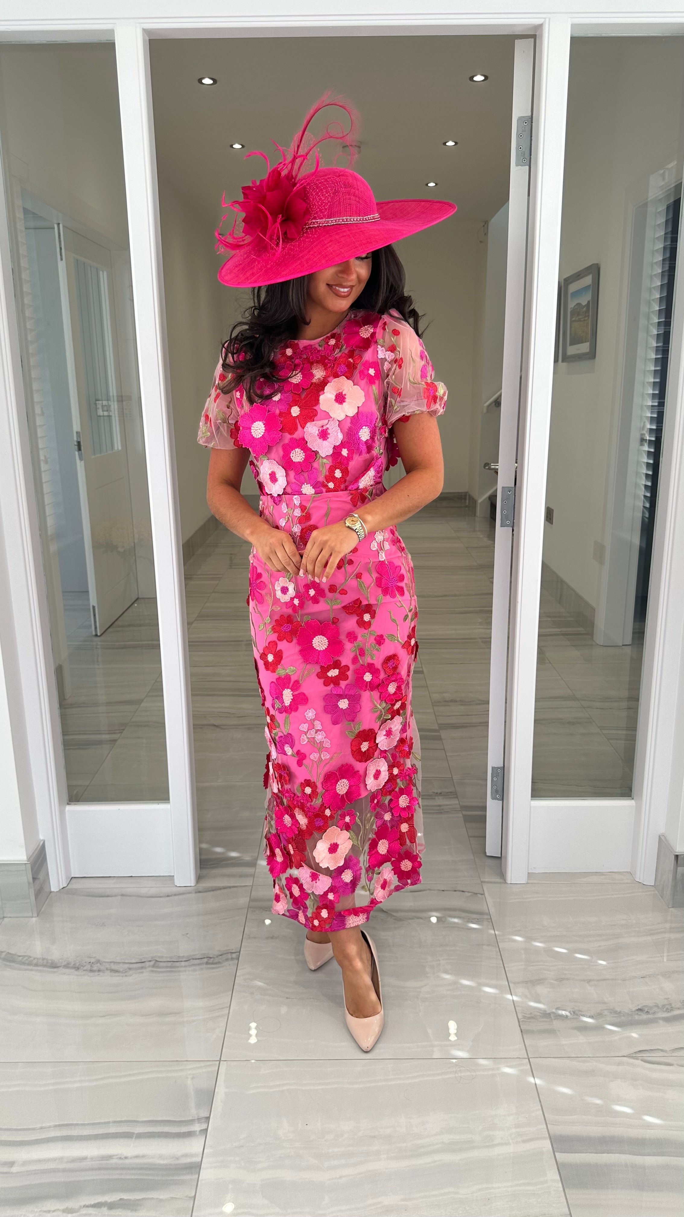 Maribel 3D Floral Midi Dress – Pink