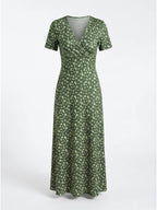 Elegant Women’s Floral V-Neck Dress – Smocked Bodice & High-Stretch Comfort