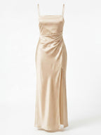 Women’s Dress – Satin Spaghetti-Strap Maxi Dress with Side Slit