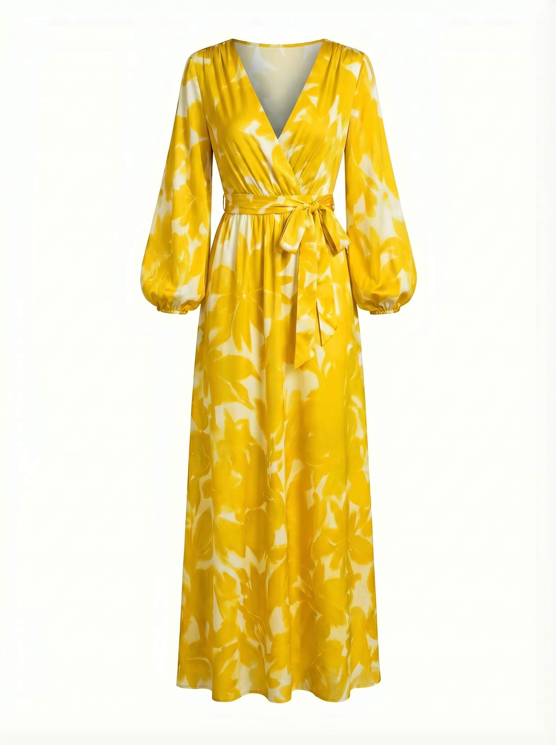 Women’s Dress – Deep V-Neck Long-Sleeve Satin Maxi Dress