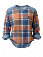 Women’s Plaid Denim-Trim Long-Sleeve Top