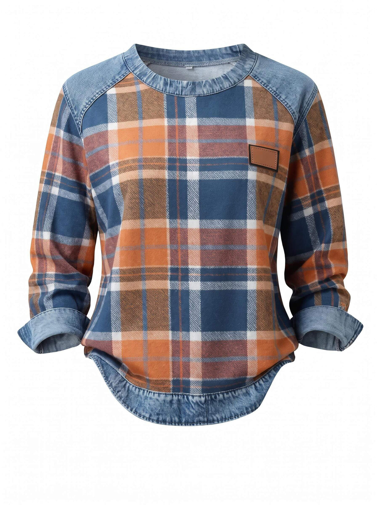 Women’s Plaid Denim-Trim Long-Sleeve Top