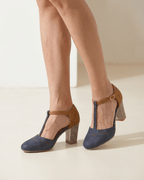 Women’s Two-Tone Block Heel Pumps with T-Strap