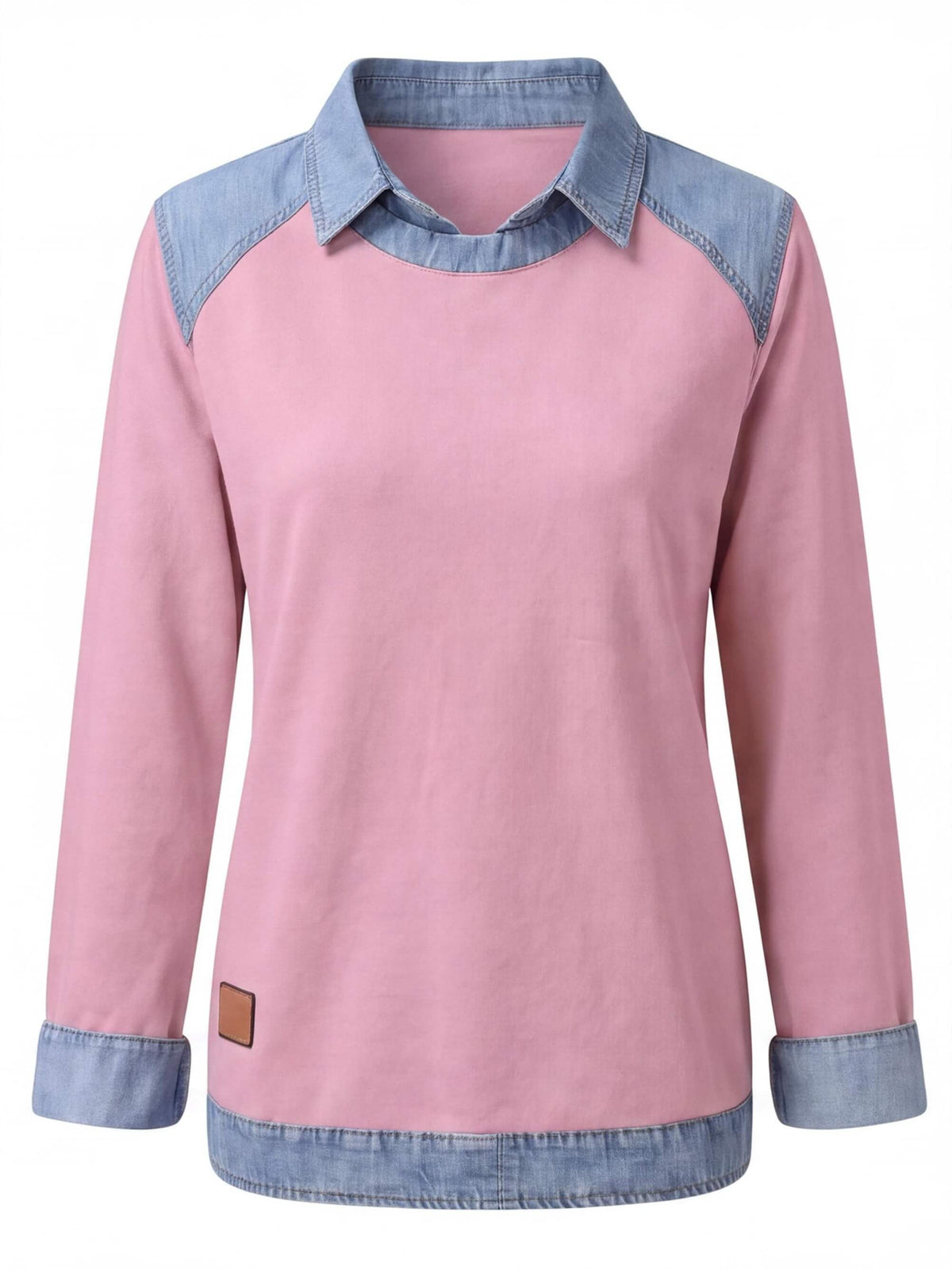 Women’s Denim Collar Detail Long-Sleeve Knit Top