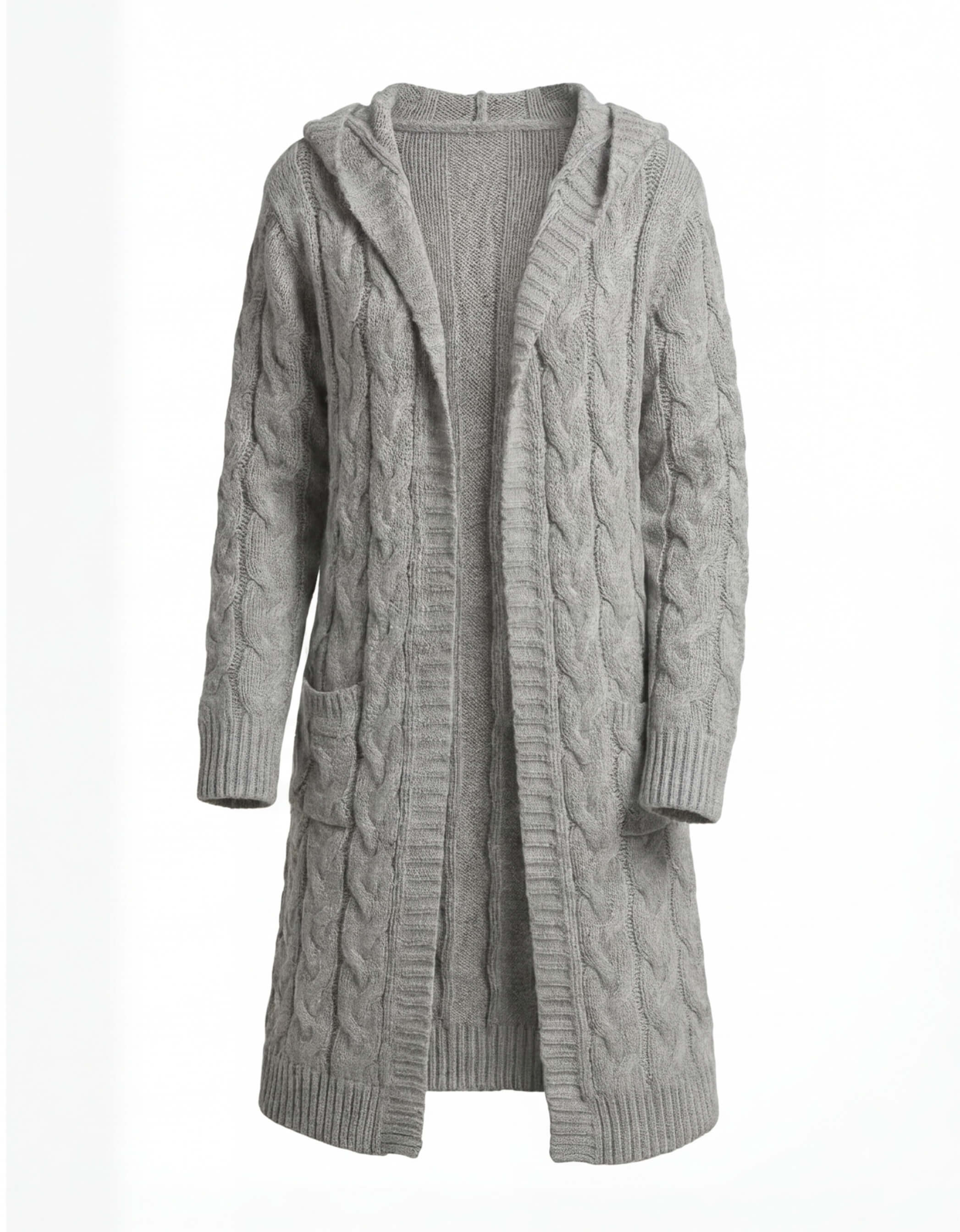 Women’s Hooded Cable Knit Cardigan – Longline Warmth & Pocket Comfort
