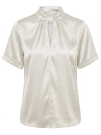 Satin Blouse with Keyhole Neckline and Short Sleeves