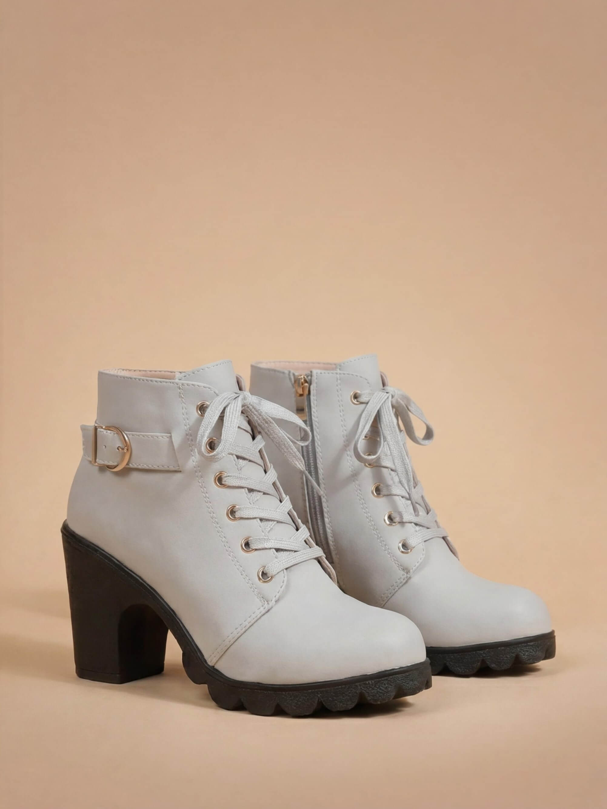 Women’s Mid-Heel Ankle Boots –  Side Zipper & Buckle Detail