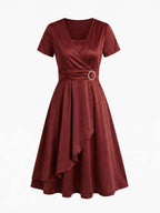 Elegant Women’s V-Neck Dress – Waist Detail with Rhinestone Accent & Asymmetrical Hem