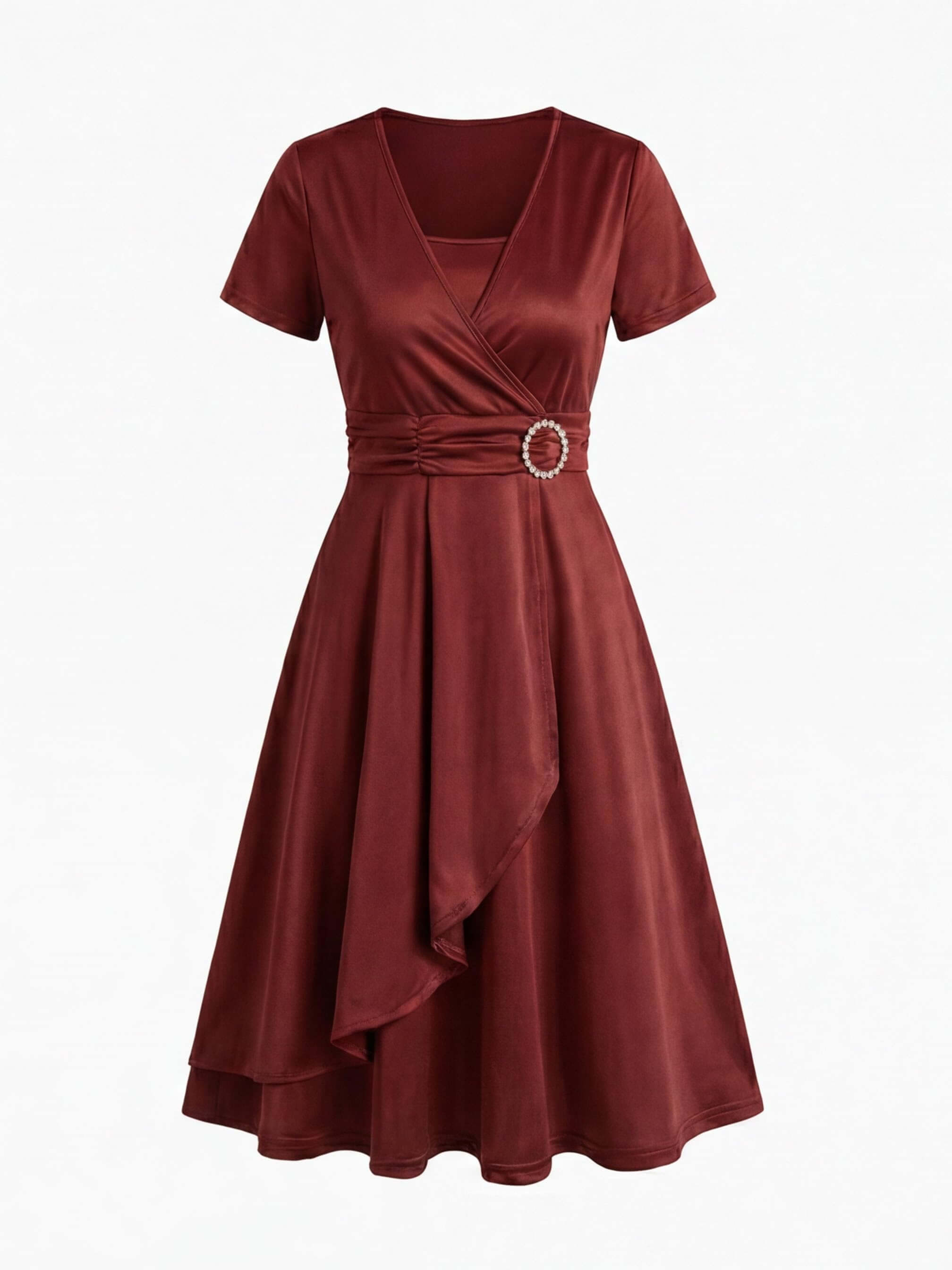 Elegant Women’s V-Neck Dress – Waist Detail with Rhinestone Accent & Asymmetrical Hem