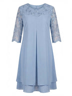 Plus Size Women’s Elegant Chiffon Dress – Embroidered Lace Yoke & Flowing Layered Hem