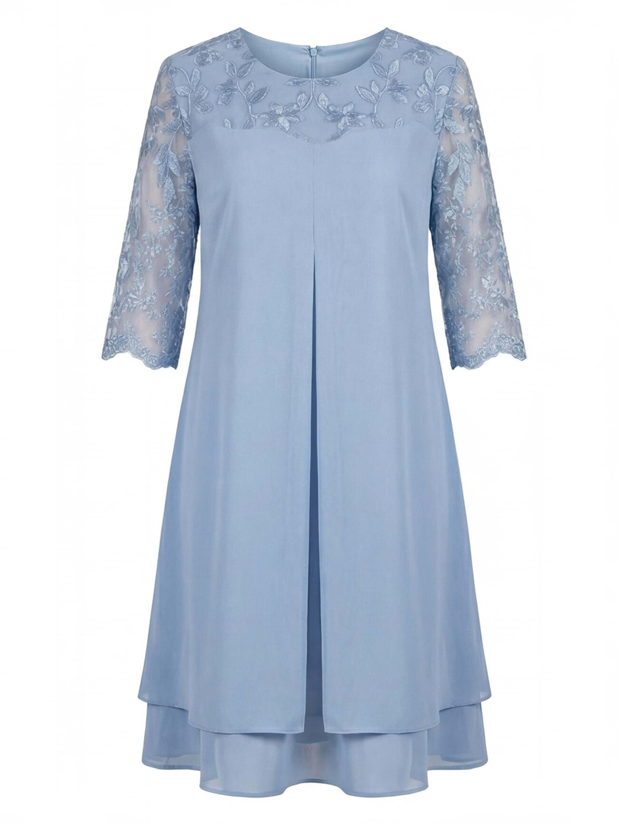 Plus Size Women’s Elegant Chiffon Dress – Embroidered Lace Yoke & Flowing Layered Hem