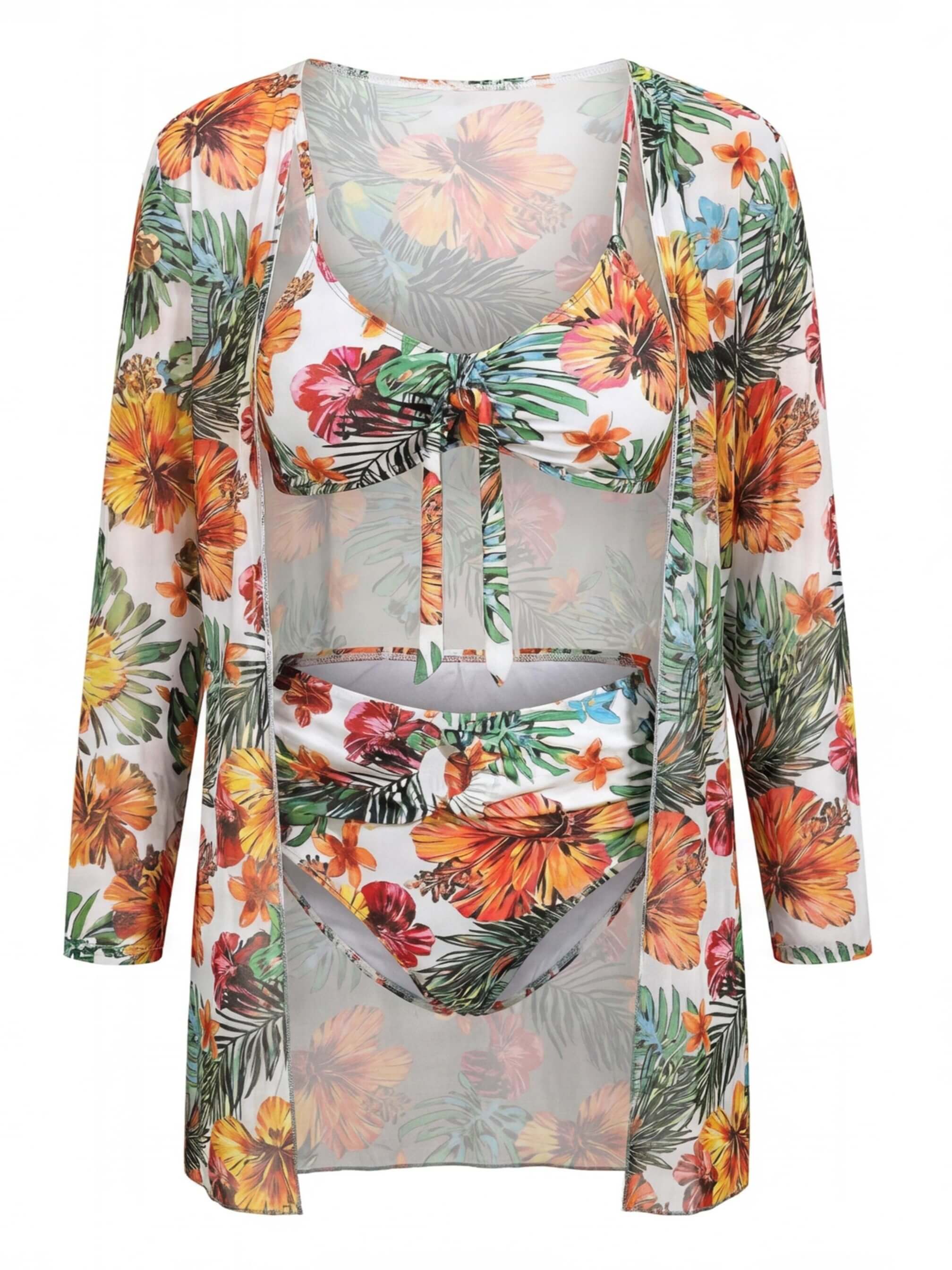 Women’s Tropical Three-Piece Bikini Set with Cover-Up