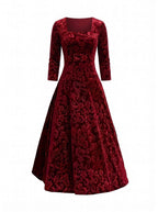 Women’s Embroidered Velvet-Look Square Neck Midi Dress