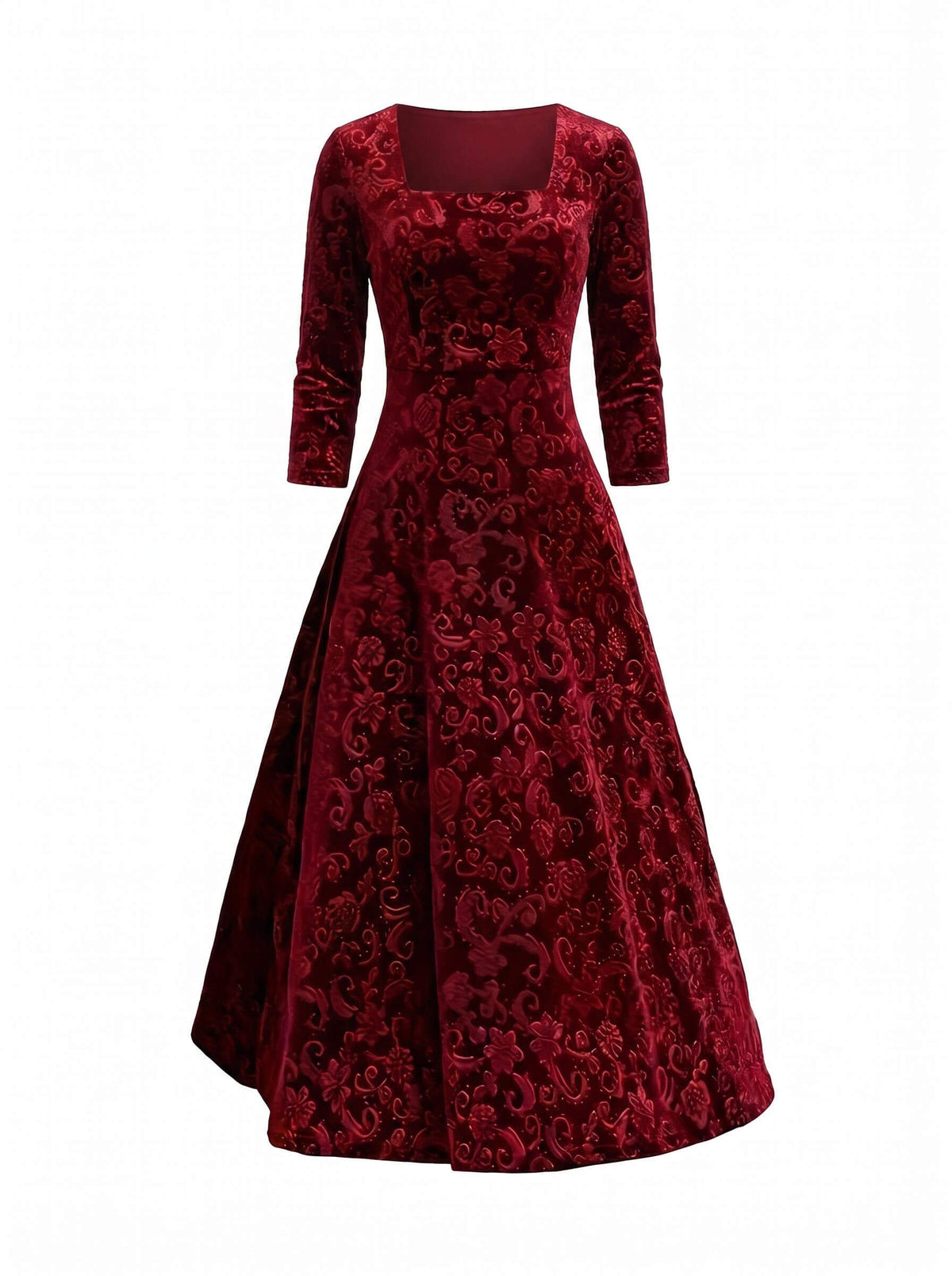 Women’s Embroidered Velvet-Look Square Neck Midi Dress