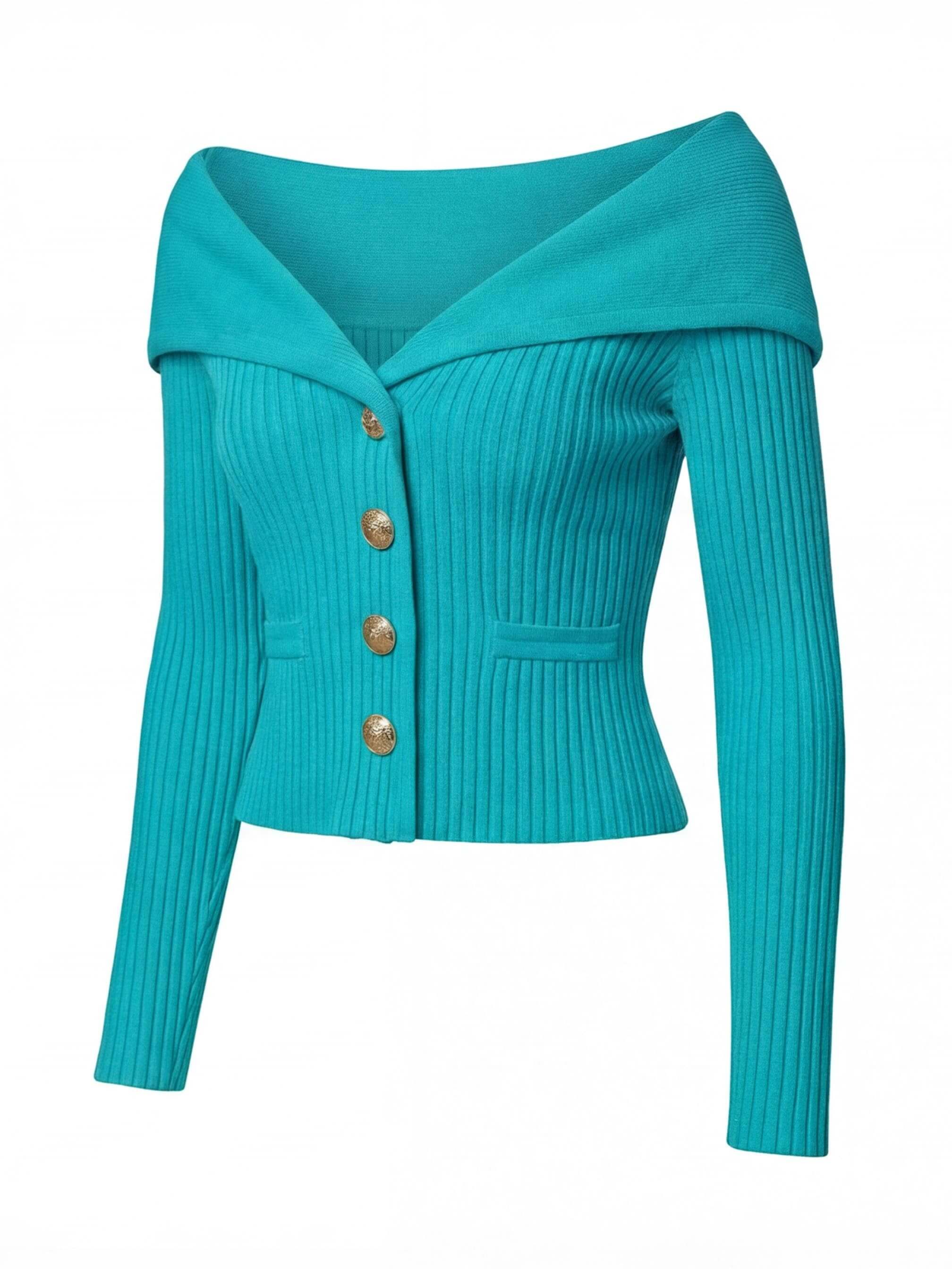Elegant off-the-shoulder women’s cardigan with gold buttons