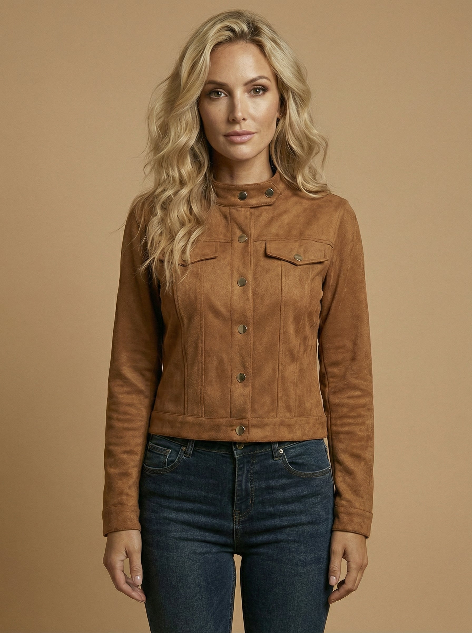 Women’s Suede-Look Button Jacket – Stand Collar - Spring/Fall