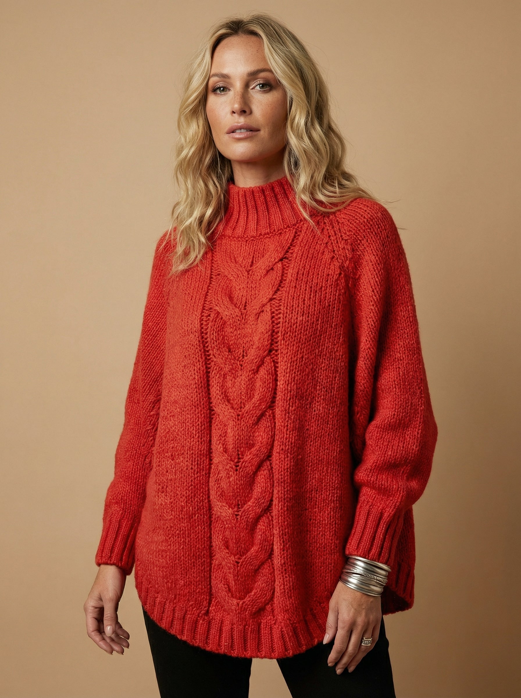 Women’s High-Neck Cable Knit Sweater – Cozy Loose Fit & Ribbed Hem Detail