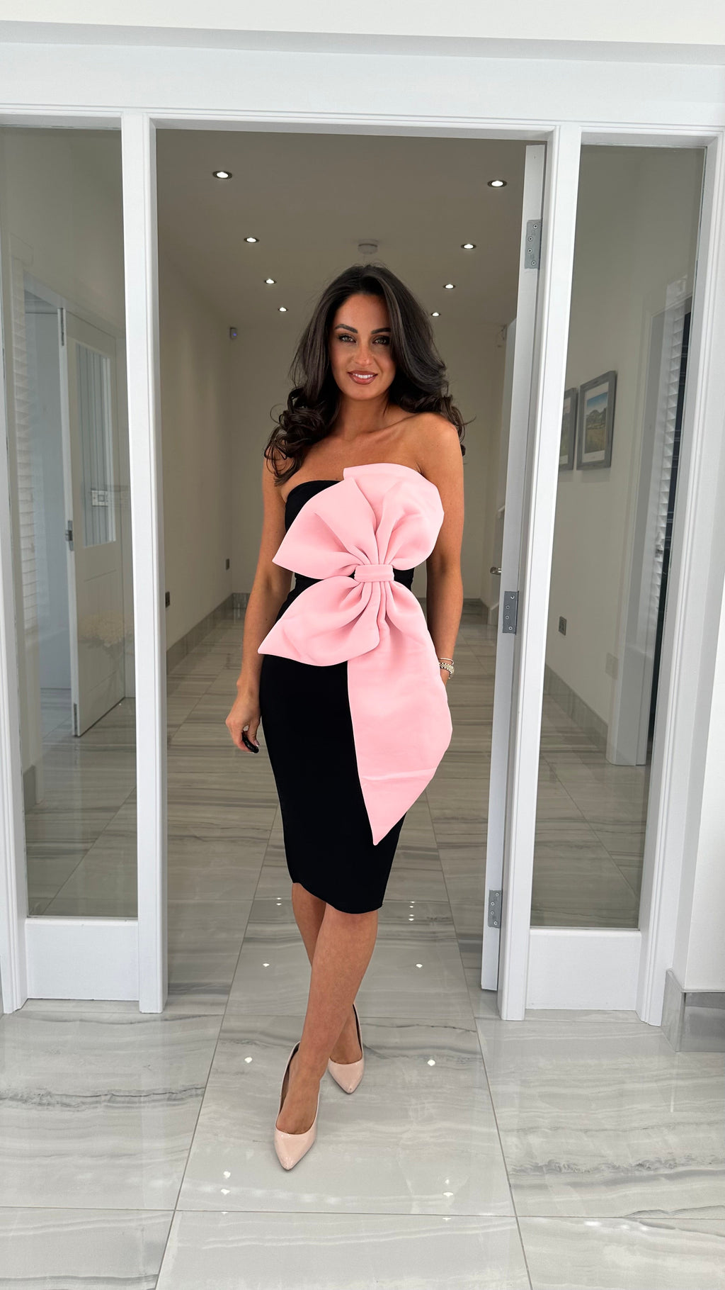 Amara Strapless Bandage Dress – Black/Pink Bow