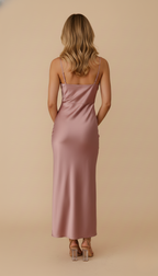 Women’s Dress – Satin Spaghetti-Strap Maxi Dress with Side Slit