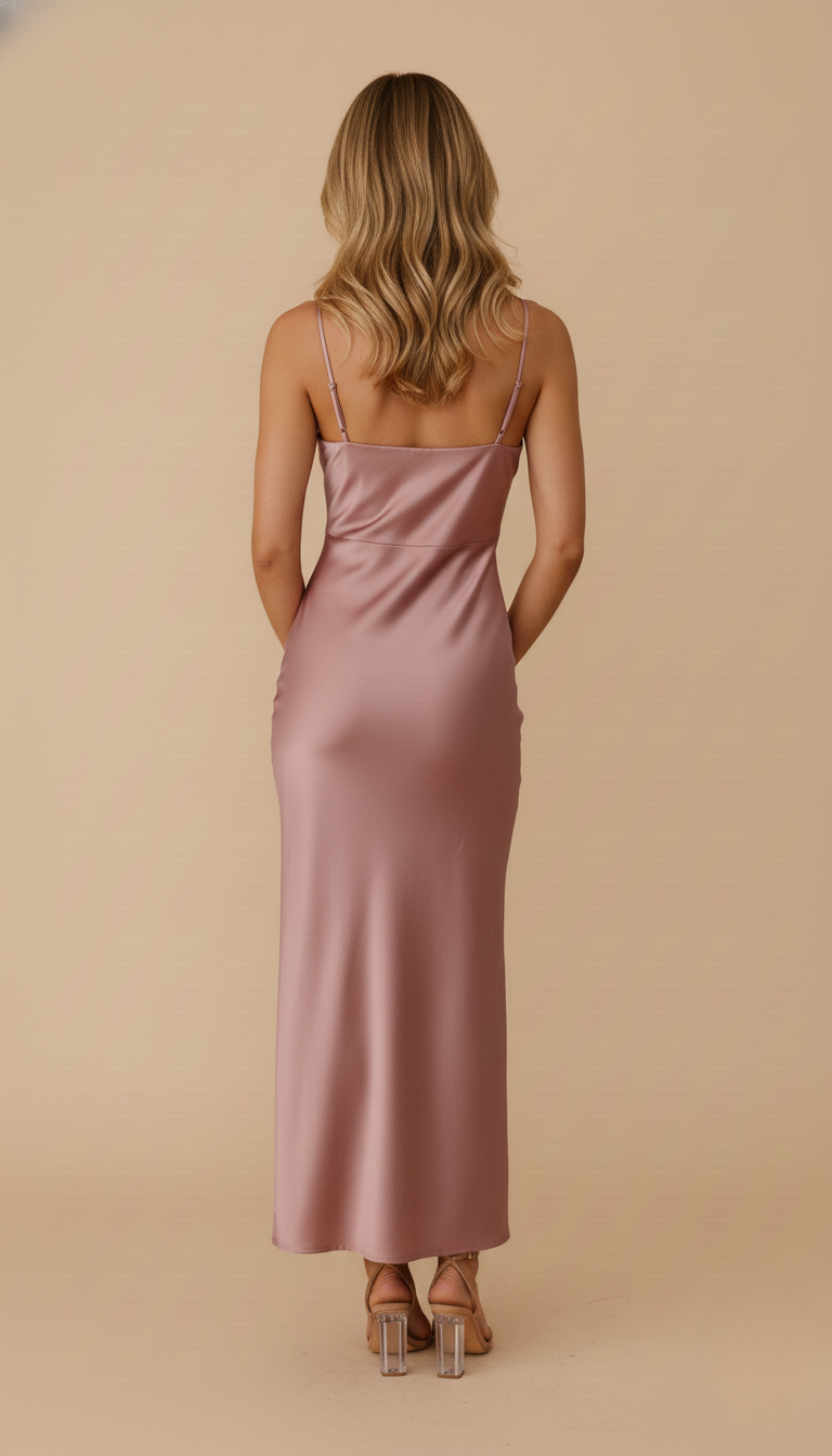 Women’s Dress – Satin Spaghetti-Strap Maxi Dress with Side Slit