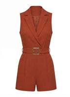 Sleeveless Plunging V-Neck Belted Romper