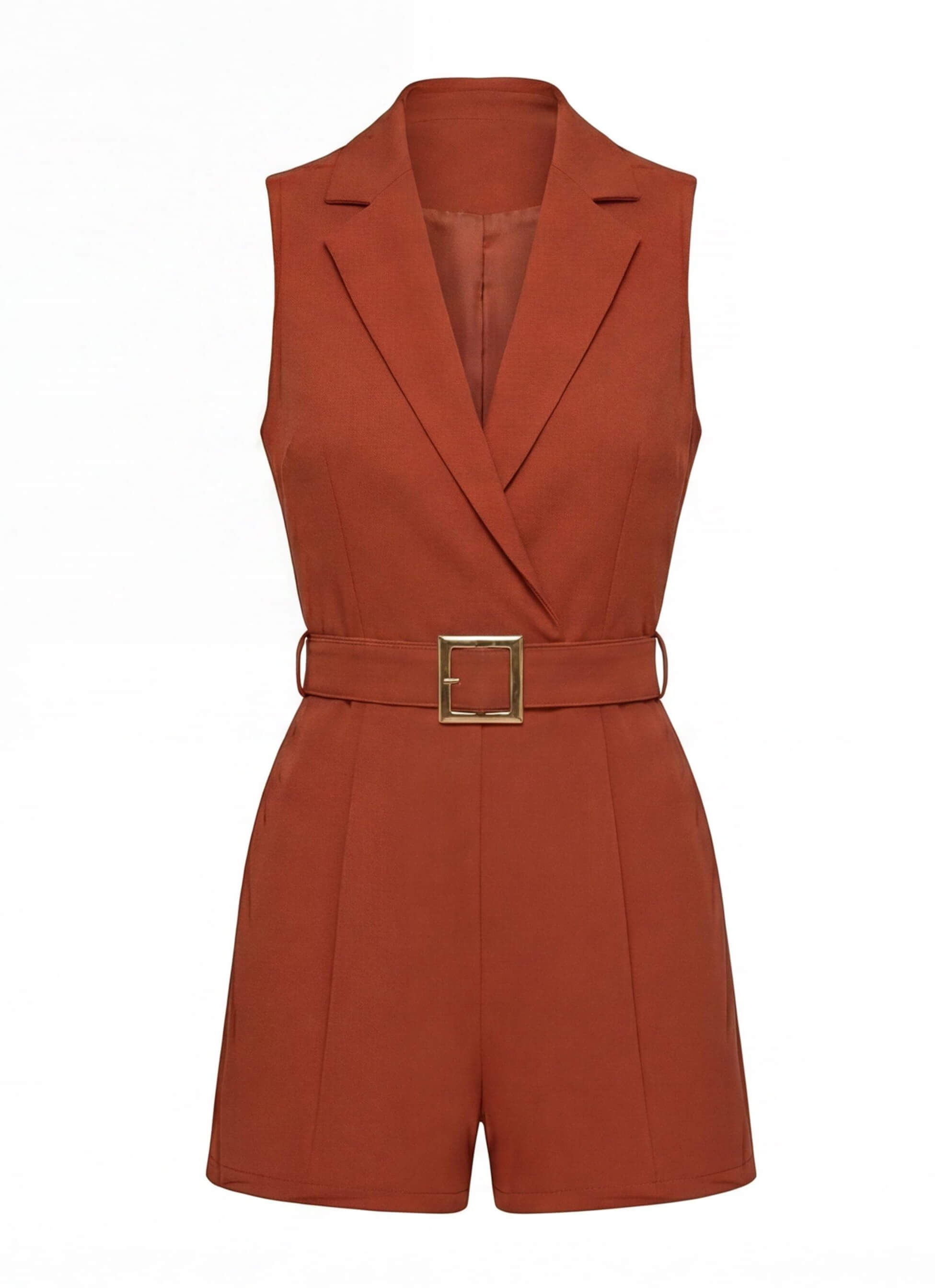 Sleeveless Plunging V-Neck Belted Romper