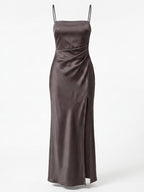 Women’s Dress – Satin Spaghetti-Strap Maxi Dress with Side Slit