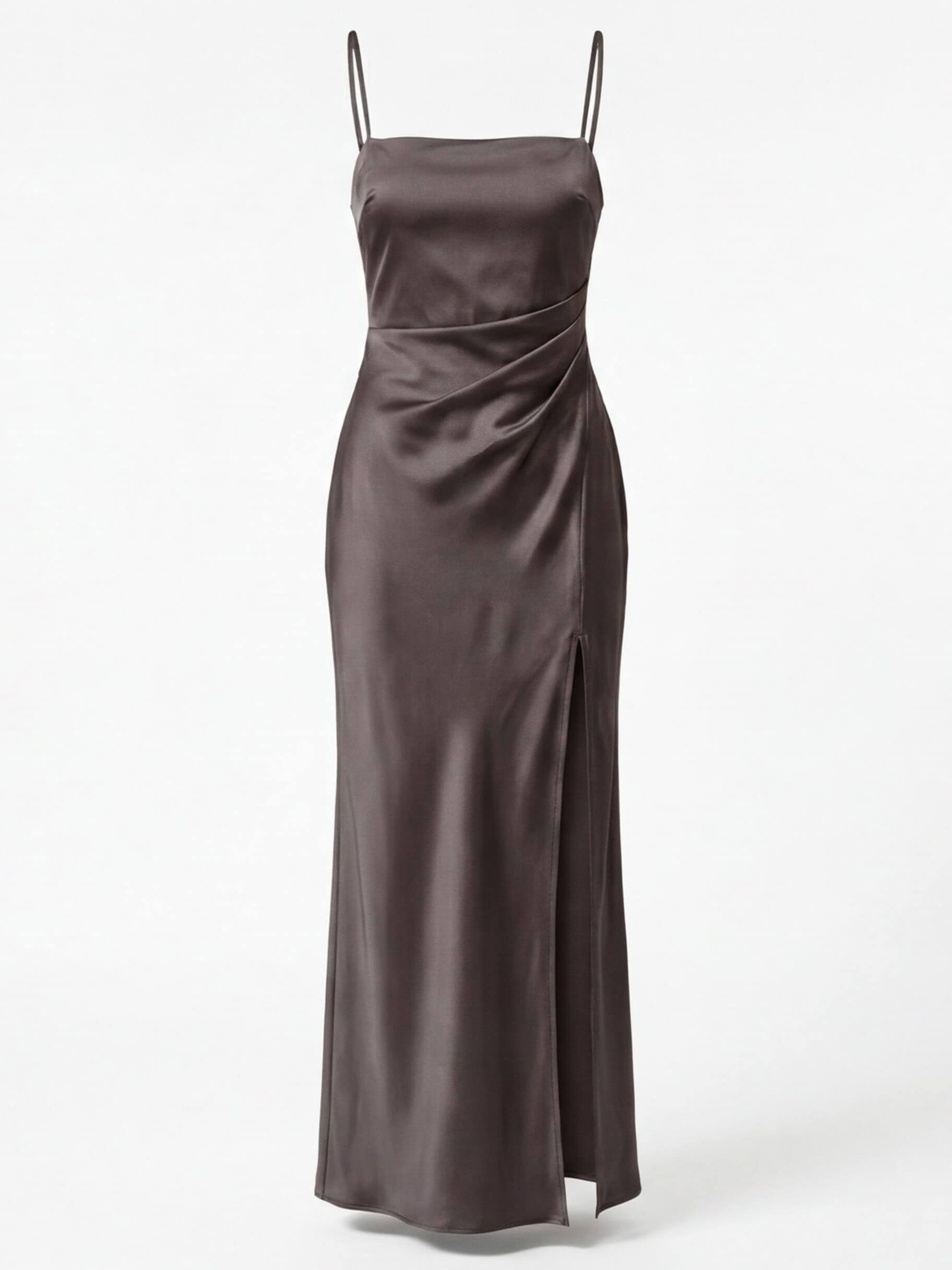 Women’s Dress – Satin Spaghetti-Strap Maxi Dress with Side Slit