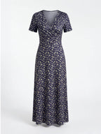 Elegant Women’s Floral V-Neck Dress – Smocked Bodice & High-Stretch Comfort