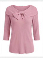 Women’s Ribbed Bow Detail Long-Sleeve Top