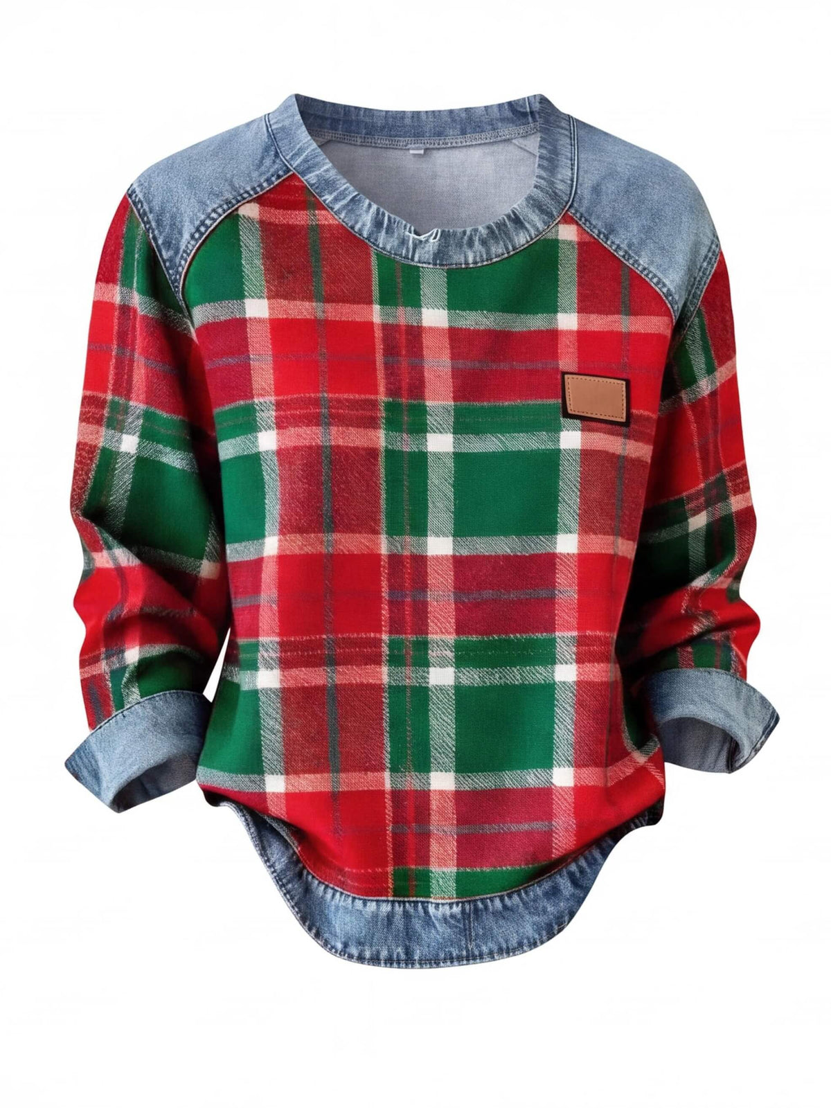 Women’s Plaid Denim-Trim Long-Sleeve Top