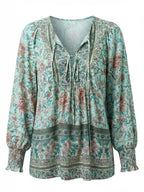 Women’s Floral Tie Neck Smocked Sleeve Blouse
