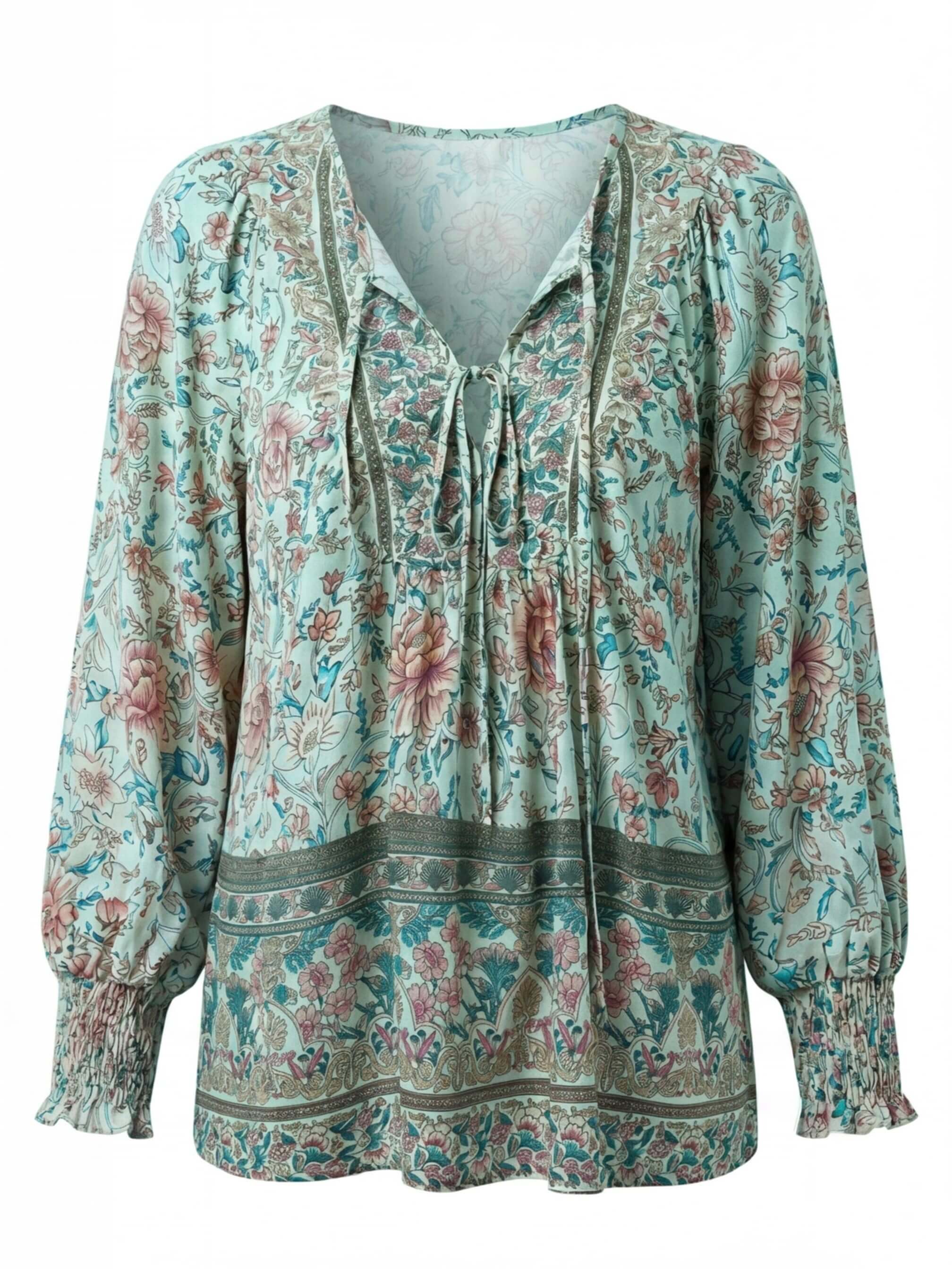 Women’s Floral Tie Neck Smocked Sleeve Blouse