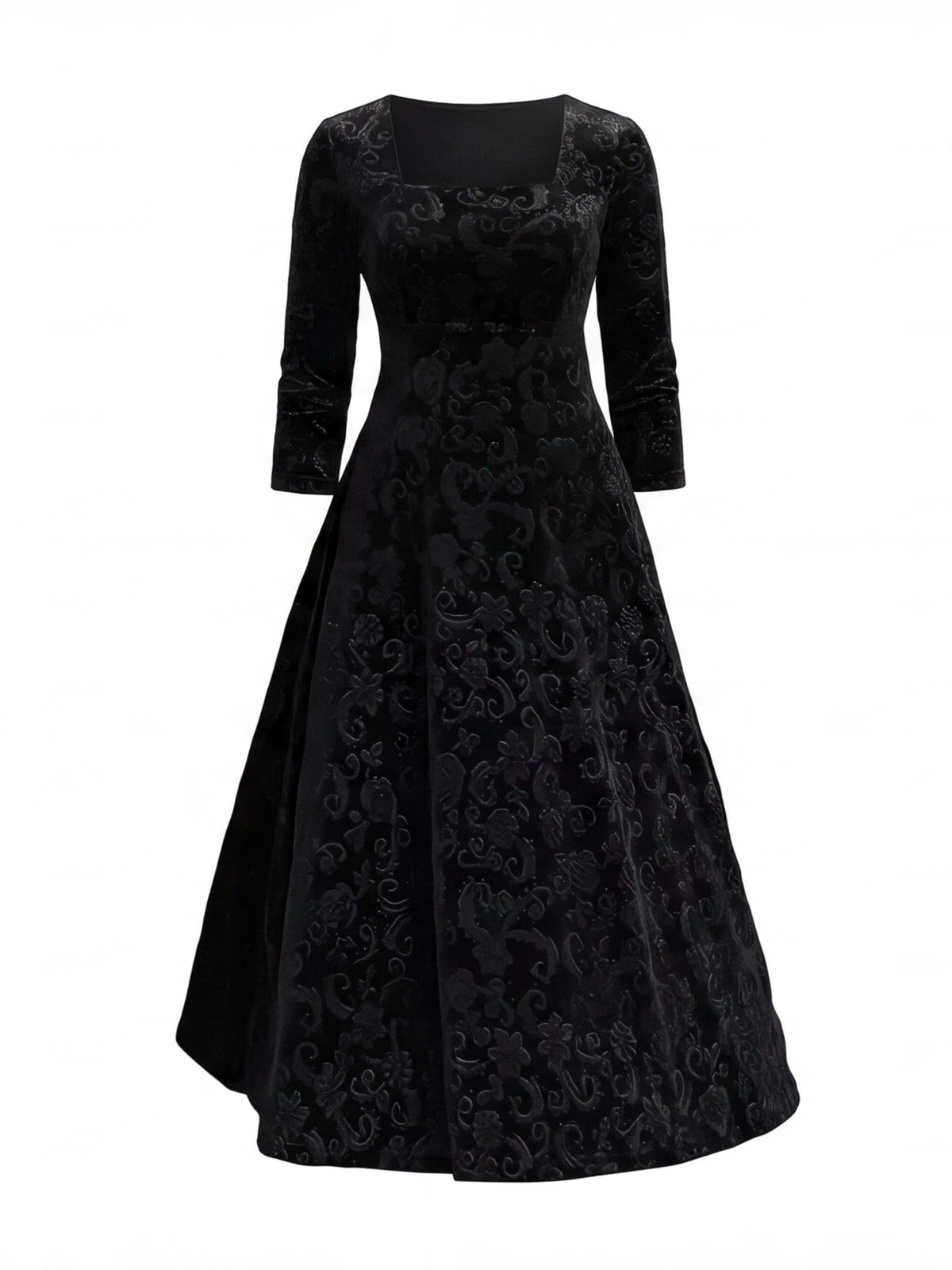 Women’s Embroidered Velvet-Look Square Neck Midi Dress