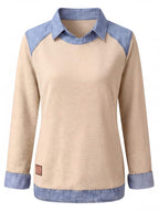 Women’s Denim Collar Detail Long-Sleeve Knit Top