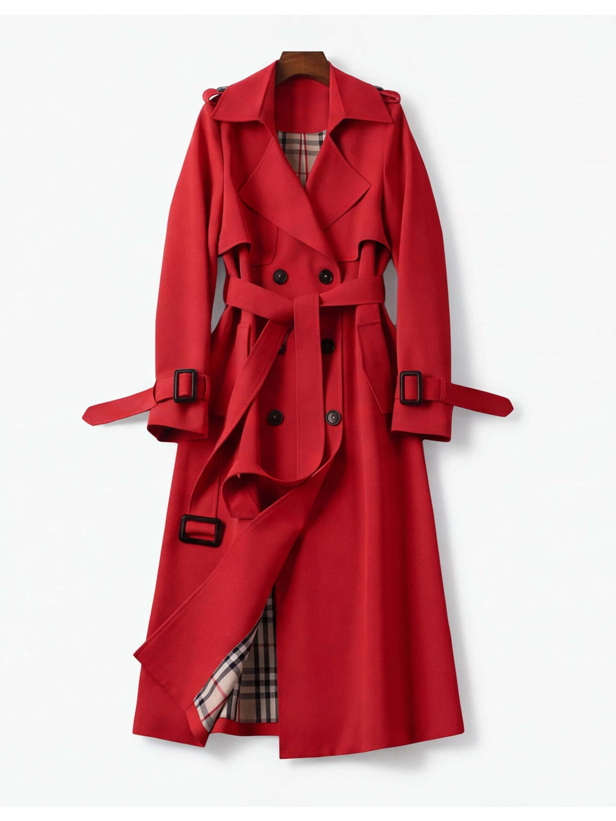 Women’s Belted Double-Breasted Trench Coat with Buckle Cuffs