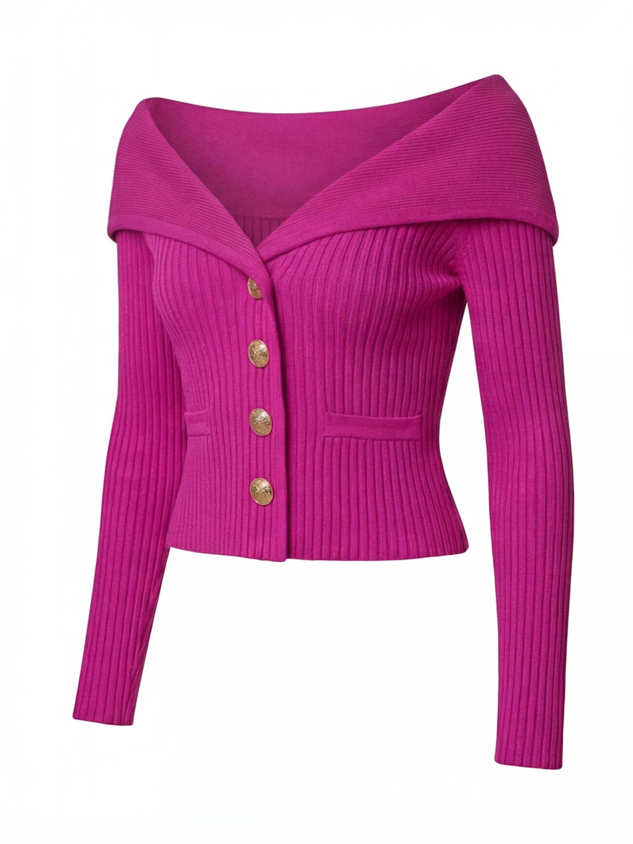Elegant off-the-shoulder women’s cardigan with gold buttons