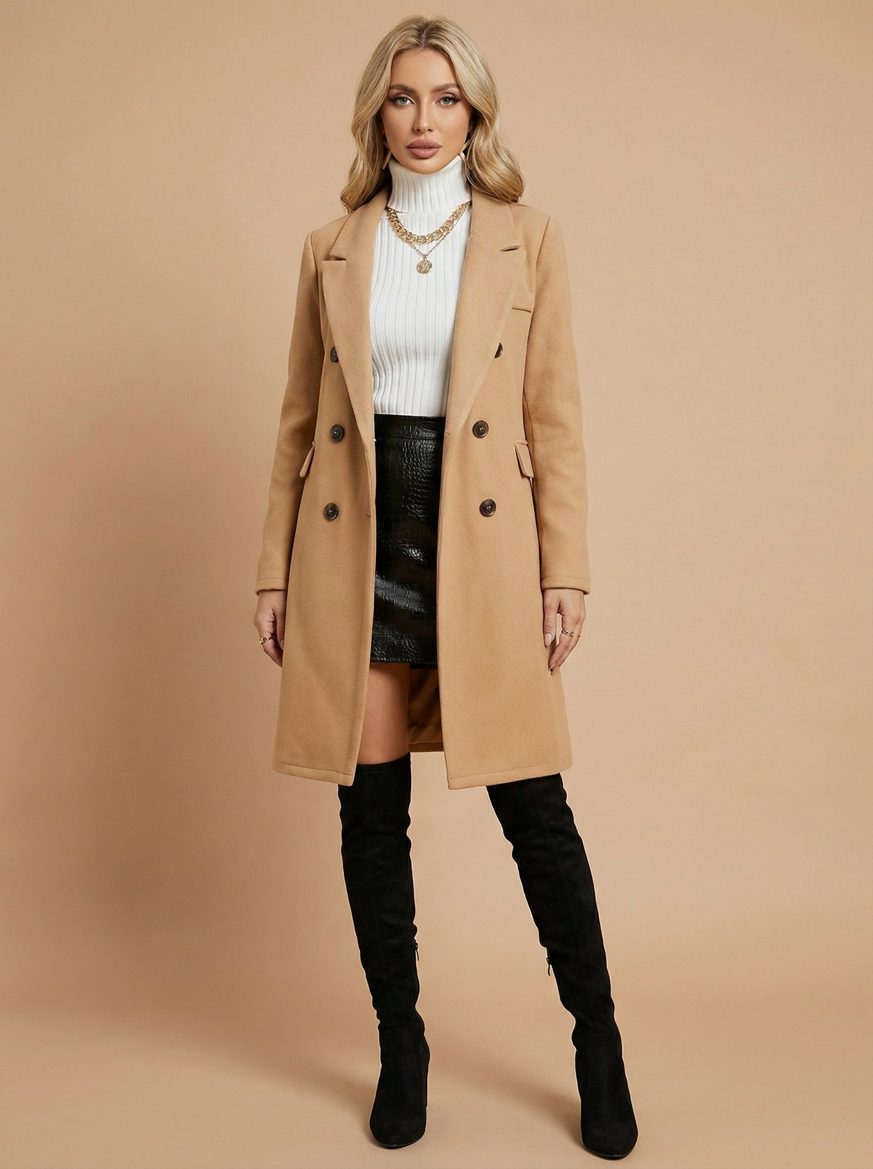 Women’s Double-Breasted Mid-Length Coat – Tailored Lapel & Waist-Defining Fit
