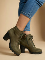 Women’s Mid-Heel Ankle Boots –  Side Zipper & Buckle Detail
